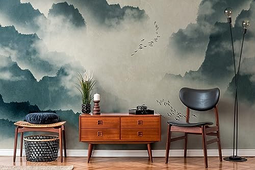 Newroom Vliestapete [ 2,8 x 3,71m ] großzügiges Motiv - kein wiederkehrendes Muster - nahtlos große Flächen möglich - Fototapete Berge Vögel Nebel Made in Germany