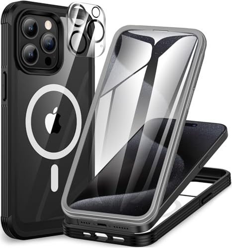 CENHUFO für iPhone 15 Pro Max Hülle, Kompatibel mit MagSafe Eingebautem Panzerglas Displayschutz und Kameraschutz 360 Grad Schutzhülle Stoßfest Case Magnetisch Handyhülle iPhone 15 Pro Max -Schwarz