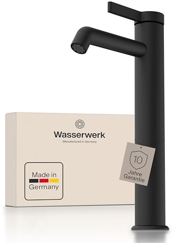 Wasserwerk Hohe Waschbeckenarmatur WT11 | Badarmatur für Aufsatzwaschbecken | Wasserhahn Bad Hoch | Waschtischarmatur fürs Badezimmer | Made in Germany | Schwarz