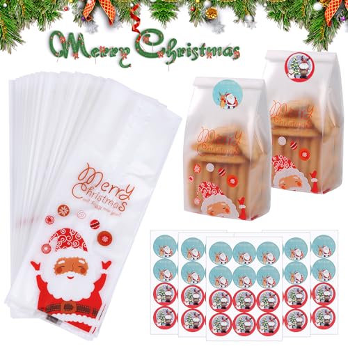 50 Pièces Sachets Transparents Bonbons de Noël, Sachet Cellophane Bonbon Noël à Père Sac à Biscuit avec 60 Étiquettes, Plastique Tansparent Pochette Sachet d'emballage pour Biscuits, Noël