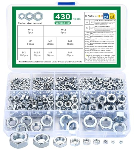 Metric Hex Nuts Assortment Kit, 430 Pcs Stainless Steel Hex Nuts Set, Hex Hardware Nuts, Coarse Thread Hexagon Nuts for Screw Bolts, M2 M2.5 M3 M4 M5 M6 M8 M10 M12