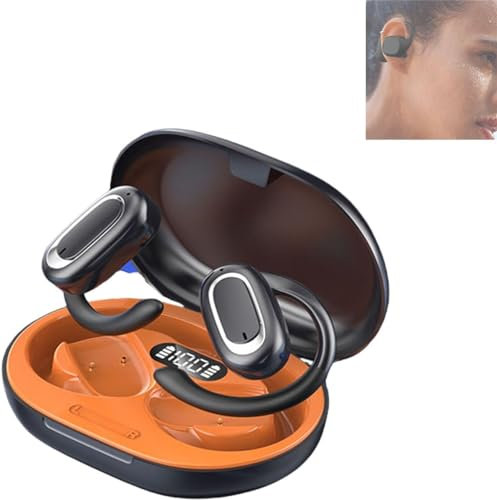 Hikaka Auriculares Bluetooth OWS Abiertos con Sonido Envolvente 3D, Pantalla Digital, Auriculares Deportivos inalámbricos con reducción de Ruido para Colgar en la Oreja (Negro Naranja)