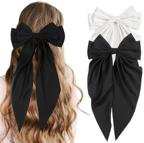 Mylot 2 Pcs Hair Bow Clips for Women - Silky Satin Bowknot Barrettes With Long Tail, Large 7 Inch Hair Bows for Girls