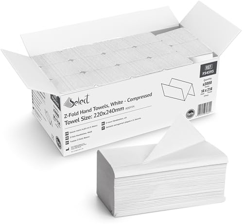 Select Z Fold 2 Ply Paper Hand Towels - 12 Packs of 250 (3000 Sheets - 22x24 cm) Thick Quick Dry Quality Multifold Tissue Paper - Perfect Disposable Hand Towels for Kitchen Bathroom Restaurant