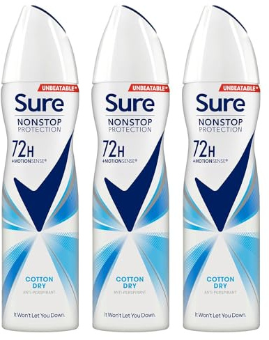 Sure Antiperspirant 72H Nonstop Sweat and Odour Protection Alcohol-Free Body Spray Anti-White Marks with Fresh and Clean Multi Fragrance Deodorant for Women, 150ml Pack of 3 (Cotton Dry)