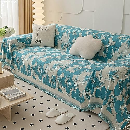 KnSam Home Sofabezug, Blumen Sofahusse Ecksofa mit Quaste, Waschbarer, Kratzfester rutschfest Couchbezug Hund Chenille für Wohnzimmer Protector & Hunde Haustiere (180x180CM, Blau)