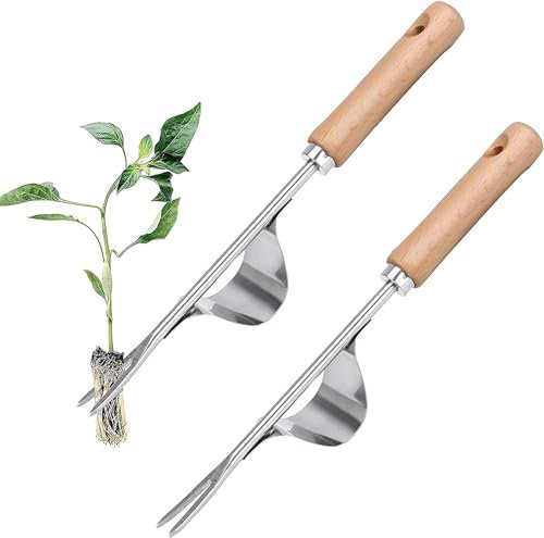 Hand Weeder for the Garden, Hand Weeder Stainless Steel, Weeding Device for Uprooting Weeds, Gardena Weeding, Dandelion Cutter, Root Weeder with Wooden Handle for Digging, Weeding, Loosening (2