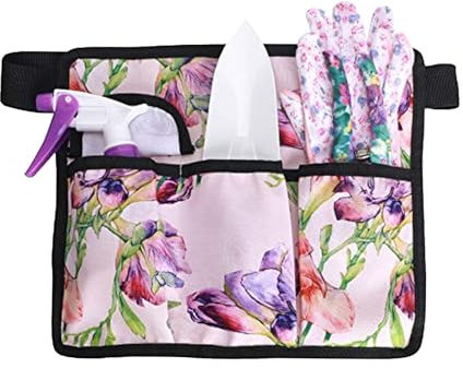 AJFHKJ Garden Tool Belt for Women, Floral Print, Canvas, 3 Pockets, Adjustable Waistband