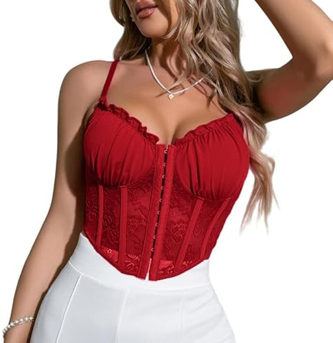 Haibang Top da Donna in Pizzo Canotta Donna Estiva Sexy Slim Fit Corsetto con Spalline Sottili Senza Maniche Fronte Aperto Disossato Crop Top Bustier Elegante Canottiera Sottogiacca Mode Clubwear