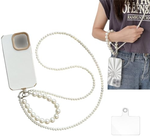 KASESSS Pearl Crossbody Phone Lanyard - Universal 2 in 1 Neck and Wrist Strap for Women Girls - Mobile Tether Tab for Most Smartphones