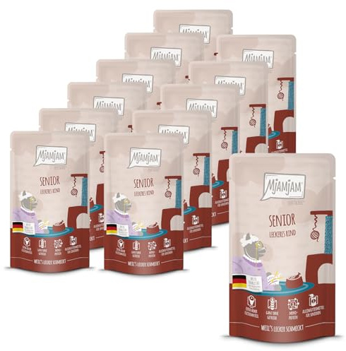 MjAMjAM - Cibo umido Premium per gatti - Quetschie - Senior - Manzo delizioso, confezione da 12 (12x125g), senza cereali