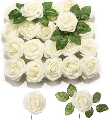 25 Stück Künstliche Blumen Rosen Deko Kunstblumen, Deko Blumen Fake Rosen mit Stielen DIY Brautjungfer Brautsträuße, Valentinstag, Muttertag, Hochzeitsfeier, Babyparty, Zuhause Dekoratio (Creme)