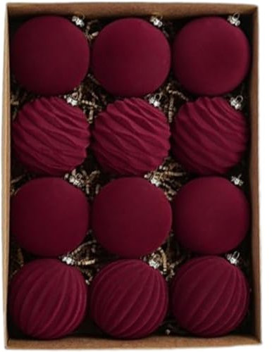 Juego de 12 bolas de Navidad con purpurina, en terciopelo vintage rojo y dorado, decoración de árbol de Navidad con purpurina color burdeos, grandes bolas decorativas inastillables para colgar en