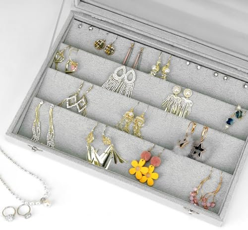 QWORK® velvet organizer per orecchini con coperchio trasparente, espositore per gioielli con serratura per 40 paia, grigio