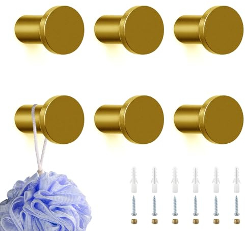BUOSHUO 6 Stück Garderobenhaken Golden,35 mm Gold Handtuchhaken, Kleiderhaken zum Bohren,Edelstahl Wandhaken für Badezimmer, Küche, Schlafzimmer