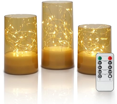 Fanna 3 Giallo Oro Mini Ghirlanda LED incorporate in candele a batteria con timer per Natale, Lanterne Led in plastica con Telecomando Uso Interno - H 10/12,5/15cm