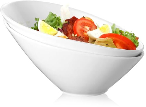LOSYHU 2 Pack Angled Serving Bowls 26oz /770ml Ceramic Salad Bowls Set Porcelain Serving Bowls White Slanted Bowl for Salad, Soup, Pasta, Fruit, Cereal