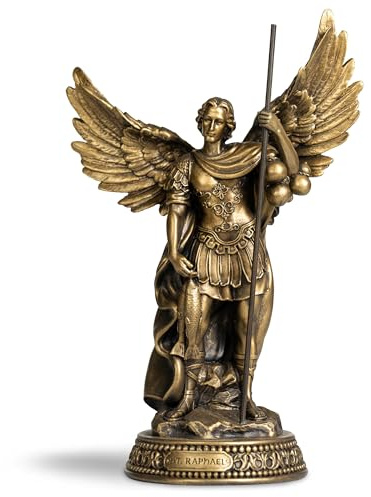 DevotedWalls 10.2 H Saint Raphael Statue, Archangel St. Raphael with Name Plate on Base,Travel Protection Patron Archangel Saint St. Rafael, Estatua del Arcángel San Rafael（Bronze Color）