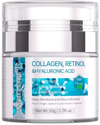 Crema viso 100% biologica con collagene, retinolo, acido ialuronico, vitamina E e tè verde – anti-età, riduce le rughe, effetto rassodante (Retinolo-Collagene & Acido laluronico 50ml)
