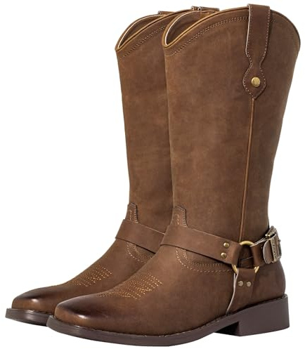 J's.o.l.e Wide Calf Cowboy Boots For Women Square Toe Vintage Western Cowgirl Riding Boots with Buckle Strap Brown US Size 9