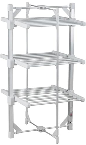 Thrink Heated Clothes Airer 3 Tier Compact | Deluxe 220W Electric Drying Rack with 12 Rails | Folding Aluminium Laundry Horse | Energy Efficient Clothes Dryer, 111cm Drying Space (3 Tier Mini)