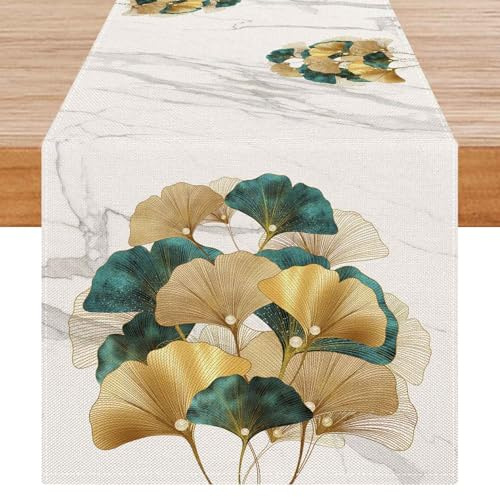 Avalune Runner Tavola Moderno Verdi Oro Foglie Marmo Dorato Textured Rettangolare Ginkgo Centrini Moderni Runner per Il Tavolo per Decorazioni Casa, Cucina, Mobili, Interni ed Esterni, 40 x 140 cm