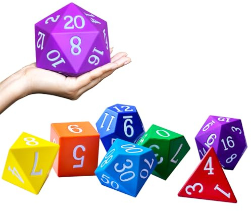 Juego de 7 dados poliédricos de espuma jumbo de 10 cm, dados de espuma RPG de colores arcoíris grandes para juegos, recursos de aprendizaje