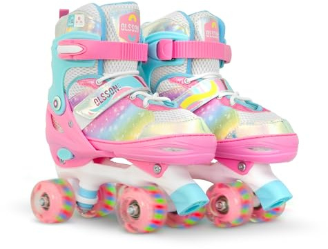 Patines 4 Ruedas Niños con Luces OLSSON Blossom - Talla Ajustable (28-35) Mediante botón - Rodamientos ABEC 7 de Carbono - Chasis Resistente - Sujeción Regulable Velcro (32-35)