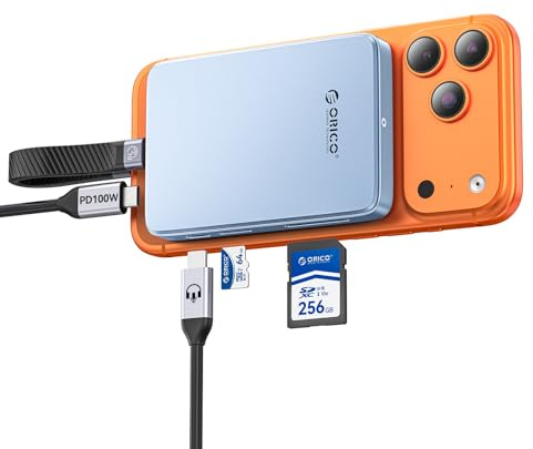 ORICO 10Gbps Magnetic M.2 NVMe SSD Enclosure with USB-C Dock Compatible for Phone 17/16/15 Pro/Max/Plus ProRes Recording TF/SD Card Slot PD 100W for 2230/2242/2260/2280 B+M M-Key Diskless AP80F Blue