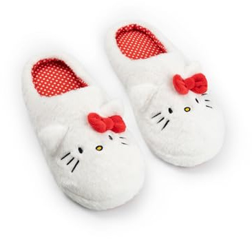 Hello Kitty Pantuflas blancas | Calzado suave para interiores con orejas y lazo en 3D | Diseño con carita de personaje de dibujos animados para mujer suaves para estar en casa