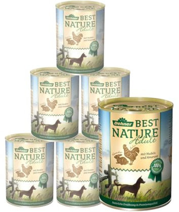 Dehner Best Nature Hundefutter, Nassfutter getreidefrei, für ausgewachsene Hunde, Huhn / Kaninchen / Nudeln, 6 x 400 g Dose (2.4 kg)