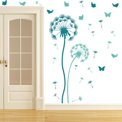 wandtattoo-factory Pusteblume Set türkis/Mint sowie 21 Flugsamen und 10 Schmetterlinge - Große Blume 160 x 50cm, kleine Blume 110 x 40cm