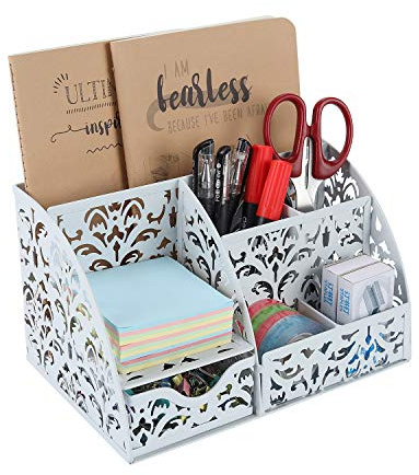 Schreibtisch-Organizer mit Blumenmotiv-Ausschnitt mit 5 Fächern und 1 Schublade, Kollektion Caddy weiß