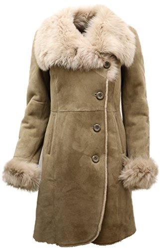 Damen Warm Beige Wildleder Merino Schaffell Mantel mit Toscana Kragen