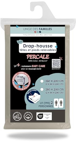 Linge des Familles - Drap Housse 2x80x200 - pour Lit Articulé 160x200 TPR - 100% Coton Percale - Coloris Lin - Grand Bonnet 30 cm - Elastique Tout Autour - Oeko-TEX® Standard 100 - Made in Europe