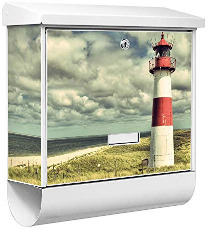 banjado® Burgwächter Briefkasten Weiß 38x39x12cm mit Motiv Leuchtturm Sylt/Briefkasten mit Zeitungsfach/Briefkasten mit Zeitungsrolle/Postkasten inkl. Montagematerial & 2 Schlüsseln