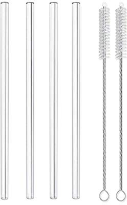 Invero 4 Pack of Glass Drinking Straw with Cleaning Brush - Reusable, Straight, Healthy, Eco Friendly, BPA Free, Very Sturdy - Ideal for Milkshakes, Smoothies and More - 20cm