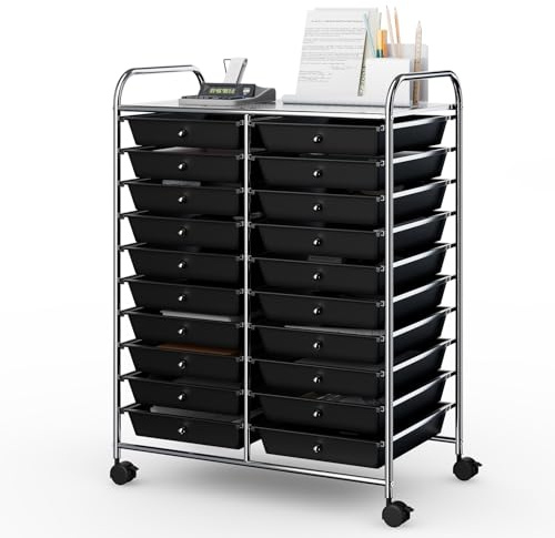 GIANTEX Rollwagen mit 20 Schubladen stapelbar, Schubladenwagen Badrollwagen Küchenwagen mit feststellbaren Rollen, Aufbewahrungswagen Haushaltswagen für Küche Bad Büro 64x39x88 cm (Schwarz)