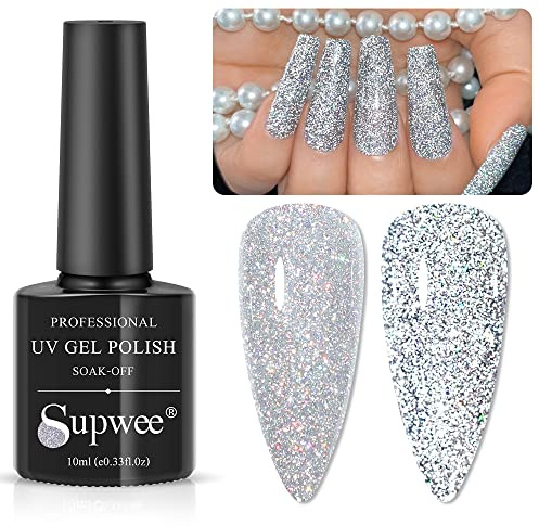 Supwee Silver Reflective Glitter Gel Politur Sparkling Diamond Nagel Gel Einweichen Sie UV/LED Glänzende Holographic Glitter Nagellack Maniküre DIY zu Hause Salon