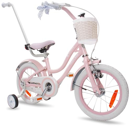 Heart Bike Flickcykel för en flicka 12 14 16 tum, Barncykel 2-6 år, Barncykel med stödhjul, pushbar, justerbar sadel och styre (Silver Moon Rosa, 14 tum)