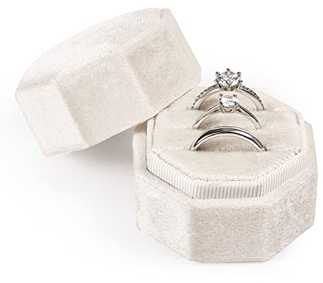 Samt Ringbox hochzeit, Drei Schlitze achteckig Samt Hochzeit für Heiratsantrag Verlobung Hochzeit Jubiläum Valentinstag zum Halten 3 Ringe (Beige)