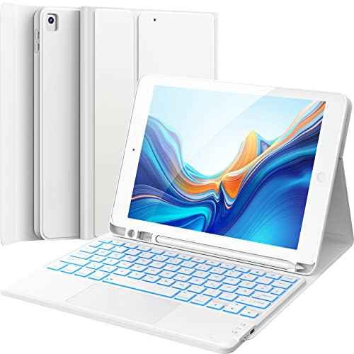 CHESONA Tastatur Hülle für iPad 10.2 Zoll 9/8/7 Generation | 7-Farbige Beleuchtung, 2 BT Kanäles, Wiederaufladbar Abnehmbare QWERTZ Tastatur, Weiß
