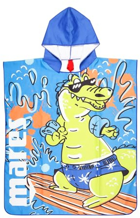 Mares Seaside Poncho Junior, Polyester-Mikrofaser Bademantel Badeponcho Strandtuch Kinder, Krokodil, Blau