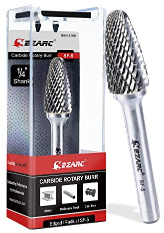 EZARC Tungsten Carbide Rotary Burr Bit, SF-5 Double Cut Carbide Burr 1/4 Shank Die Grinder Cutting Burrs Bit for Metal Working & Sturdy Storage Case