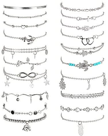 Morfetto 20 Pz Braccialetti alla caviglia per le donne Regolabile Spiaggia Cavigliera Set Surfer Cavigliera Cuore Stella Tartaruga Infinite Cavigliere Piede Gioielli in oro argento