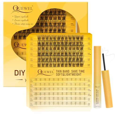QUEWEL Wimpern Extensions Set, obere und untere Cluster Lashes mit langlebiger Wimpernkleber, DIY Lash Extension Set in drei Schritten, ganz einfach große Augen erzielen für Anfänger (Easy 01-MIX)