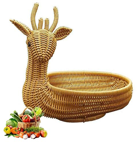 Tuzsocr Obstkorb, Lunchkorb aus Rattan, gewebter Obstkorb aus Kunststoff, niedliche Tierform, für Obst, Gemüse, Kekse, Lebensmittel, Cracker, Gebäck, Snacks (Fawn,S)