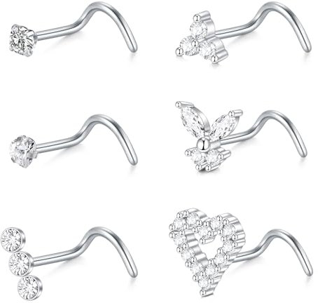 VF VFUN 6Pcs 18G Nasenstecker Nasering Edelstahl Nasenpiercing Schraube CZ Nasenringe Herz Schmetterling Nostril Piercing Schmuck für Frauen Männer