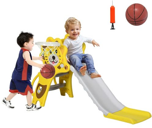 AIYAPLAY Kids Slide 3 in 1 Freestanding Toddler Slide with Climber, Basketball Hoop, Basketball, Lion-Themed for Ages 18-36 Months - Yellow