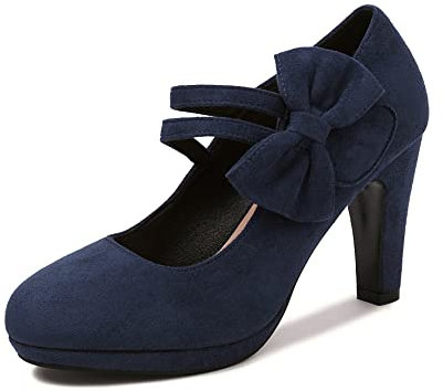 elerhythm Damen Mary Jane Heels mit Schleife Retro Geschlossene Runde Zehe Pumps Wildleder Chic Fliege Vintage Gatsby Schuhe (Blue EU39)